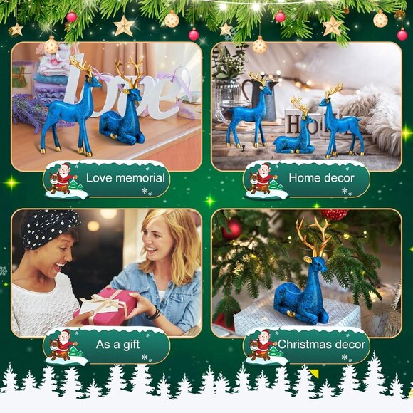 4 Pcs Blue, Gold Standing Sitting Deer Christmas Figurine Statue for Home Indoor - Picture 7 of 7